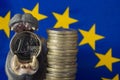Euro coin in mouth of hippo figurine, EU flag Royalty Free Stock Photo