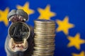 Euro coin in mouth of hippo figurine, EU flag Royalty Free Stock Photo