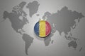 Euro coin with national flag of chad on the gray world map background.3d illustration