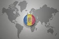 Euro coin with national flag of moldova on the gray world map background.3d illustration