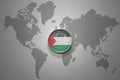 Euro coin with national flag of palestine on the gray world map background.3d illustration