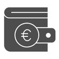 Euro coin wallet solid icon. Finance savings, purse for cash symbol, glyph style pictogram on white background. Money Royalty Free Stock Photo