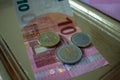 euro coins and bank note Royalty Free Stock Photo