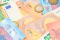 Euro coins and banknotes of different value. Various EU currency money for background and texture. Italy cash close-up top view Royalty Free Stock Photo