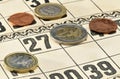 Euro coins on the cards for Russian lotto game. Royalty Free Stock Photo