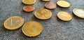 Euro coins close-up. Coins in Europe. Lots of money, wealth. Little money, poverty. Royalty Free Stock Photo