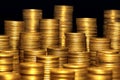 Euro coins.Concept photo.Coins close-up on the table. A lot of coins, selective focus.Front view of stacks of Euro coins.Simple