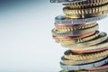 Euro coins. Euro money. Euro currency.Coins stacked on each other in different positions. Royalty Free Stock Photo