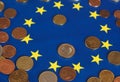 Euro coins, European Union, over flag Royalty Free Stock Photo