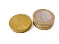 Euro coins: one euro and 50 cents Royalty Free Stock Photo