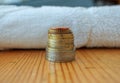 euro coins piled on a table Royalty Free Stock Photo