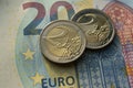 2 Euro coins reverse. European coins. Map of Europe. Royalty Free Stock Photo