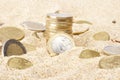 Euro coins in the sand Royalty Free Stock Photo