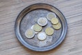 Euro coins on a silver plate Royalty Free Stock Photo