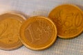 Euro coins stacked on each other in different positions. A close Royalty Free Stock Photo