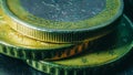 Euro coins super close-up. Shallow DOF Part euro coin on metallic background Royalty Free Stock Photo