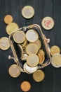 Euro coins in a wallet, top view. concept of small money, the financial crisis, the consequences of quarantine Covid-19 Royalty Free Stock Photo