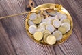 Euro coins in weighing pan