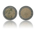 2 Euro currency coin isolated on white background with reflection Royalty Free Stock Photo