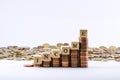 Euro currency coins forming a scale with wooden cubes completing the word income