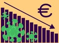 Euro Currency fall chart and COVID-19 bacteria. Vector illustration of a global economy collapse. Economic crisis and quarantine.