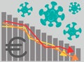 Euro Currency fall and coronavirus. Vector illustration of a global economy crisis. Income chart and falling arrows. Virus impact