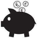 Euro currency icon or logo on coins entering a piggy bank. Royalty Free Stock Photo