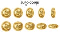 Euro 3D Gold Coins Vector Set. Realistic Illustration. Flip Different Angles. Money Front Side. Investment Concept