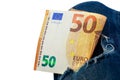 Euro in a denim hole Royalty Free Stock Photo