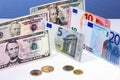 Euro and dollar banknotes and coins Royalty Free Stock Photo