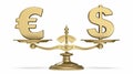 Euro and dollar currencies sign on golden scale 3D