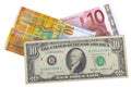 Euro, dollar and franc
