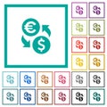 Euro Dollar money exchange flat color icons with quadrant frames Royalty Free Stock Photo