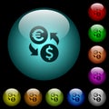 Euro Dollar money exchange icons in color illuminated glass buttons Royalty Free Stock Photo