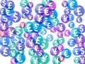 Euro dollar pound yen circle icons scatter currency vector background. Deposit backdrop. Currency Royalty Free Stock Photo