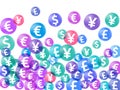 Euro dollar pound yen circle signs flying currency vector illustration. Investment backdrop. Royalty Free Stock Photo