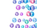 Euro dollar pound yen circle symbols flying money vector illustration. Profit growth backdrop.