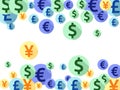 Euro dollar pound yen round icons flying money vector illustration. Financial concept. Currency Royalty Free Stock Photo