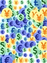 Euro dollar pound yen round icons scatter currency vector design. Jackpot backdrop. Currency icons