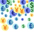 Euro dollar pound yen round signs scatter currency vector design. Financial backdrop. Currency