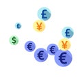 Euro dollar pound yen round symbols flying money vector illustration. Commerce pattern. Currency Royalty Free Stock Photo