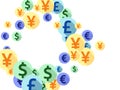 Euro dollar pound yen round symbols scatter currency vector illustration. Profit growth backdrop.