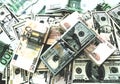 Euro dollar and russian rubbles bank notes money watercolor drawing Royalty Free Stock Photo
