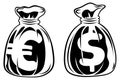 Money bags. Euro and dollar sign. Keeping money in a safe place. Bank storage of the national currency.