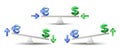 Euro and dollar signs on seesaw weight scale. US Dollar versus EU Euro. Royalty Free Stock Photo