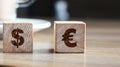 Euro and dollar on wooden blocks sign concept. EU word currency business concept