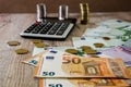 Euro, dollars, cents and calculator spread out on a wooden background Royalty Free Stock Photo