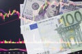 Euro and dollars. EUR in front a monitor with a price chart.Forex and trading.A trader trades stocks,bonds and securities or