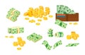 Euro and dollars money banknotes and coins. Bag of gold coins, money tree with bills, suitcase of money and wallet with paper