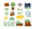 Euro and dollars money banknotes and coins. Bag of gold coins, money tree with bills, suitcase of money and wallet with paper Royalty Free Stock Photo